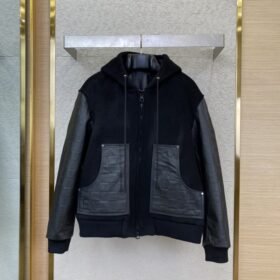 LV Leather Hooded Baseball Jacket