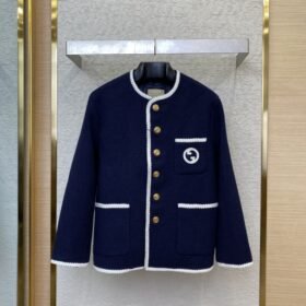 Gucci Badge Logo Tweed Wool Jacket Navy