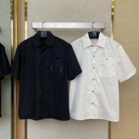 LV Beaded Embroidery Lapel Short Sleeve Shirt White