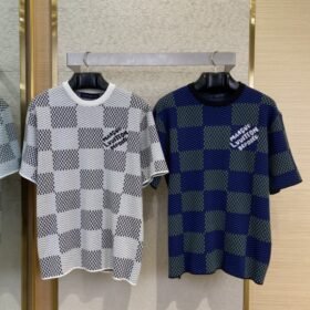 LV Checkered Knit Short Sleeve T-Shirt Blue
