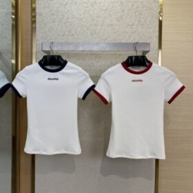 Miu Miu Clashing Colours Round Neck Letter Embroidery Short Sleeve T-Shirt Red