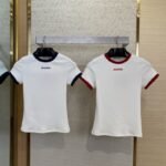 Miu Miu Clashing Colour Round Neck Letter Embroidery Short Sleeve T-Shirt Black