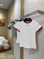 Miu Miu Clashing Colours Round Neck Letter Embroidery Short Sleeve T-Shirt Red - 图片 3