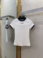 Miu Miu Clashing Colour Round Neck Letter Embroidery Short Sleeve T-Shirt Black - 图片 5