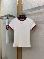 Miu Miu Clashing Colours Round Neck Letter Embroidery Short Sleeve T-Shirt Red - 图片 5