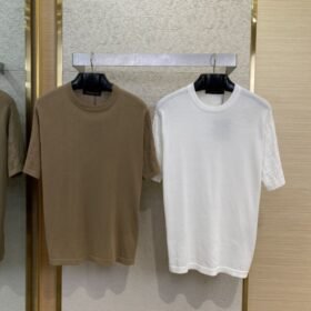 LV Jacquard Sleeve Knit Crew Neck Short Sleeve T-Shirt White