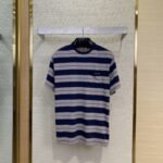 Miu Miu Blue Grey Stripe Logo Short Sleeve T-Shirt
