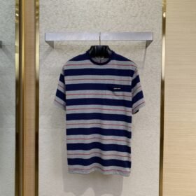 Miu Miu Blue Grey Stripe Logo Short Sleeve T-Shirt