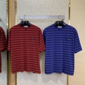 Miu Miu Striped Pocket Logo Cotton Round Neck Short Sleeve T-Shirt Red