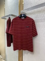 Miu Miu Striped Pocket Logo Cotton Round Neck Short Sleeve T-Shirt Red - 图片 5