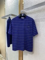 Miu Miu Striped Pocket Logo Cotton Round Neck Short Sleeve T-Shirt Blue - 图片 5