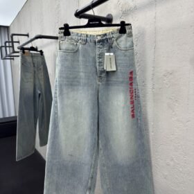 Balenciaga Embroidered Denim Pants With Red Lettering