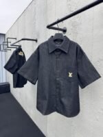 Lv 25Ss new black cotton lapel short sleeve shirt