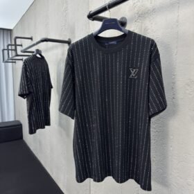 LV Fine Striped Crystal Beaded Short-Sleeved T-Shirt