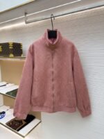LV Embossed Suede Stand Collar Zipper Long Sleeve Leather Jacket 1