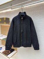 LV Embossed Suede Stand Collar Zipper Long Sleeve Leather Jacket 2