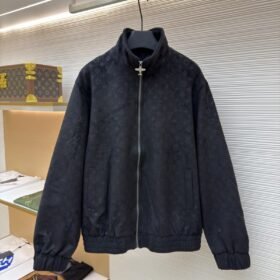 LV Embossed Suede Stand Collar Zipper Long Sleeve Leather Jacket 2