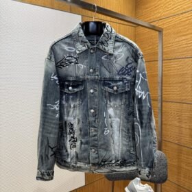 Balenciaga Graffiti-Printed Hand-Painted Washed Denim Jacket