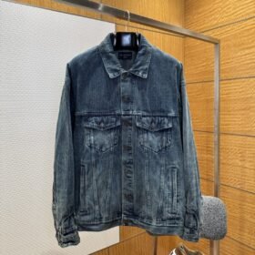 Balenciaga Distressed Single-Breasted Pocket Lapel Denim Jacket
