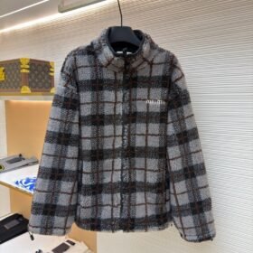 Miu Miu Lambswool Plaid Embroidered Zipper Jacket Coat 1