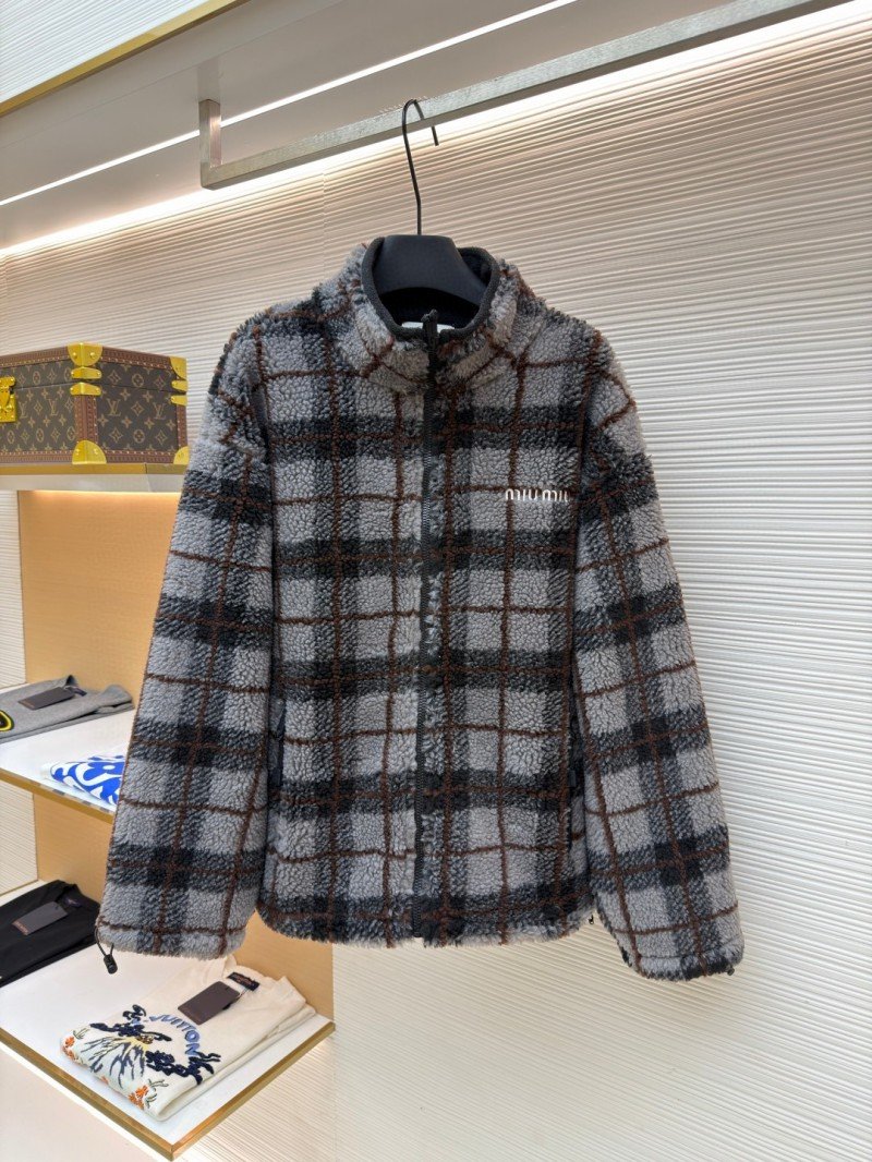 wsxc1765418094132_0.jpg Miu Miu Lambswool Plaid Embroidered Zipper Jacket Coat 1 - 图片 1
