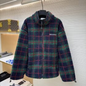 Miu Miu Lambswool Plaid Embroidered Zipper Jacket Coat 2
