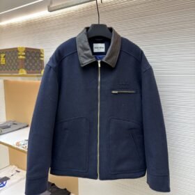 Miu Miu Distressed Washed Leather Collar Zip-Up Cotton Jacket
