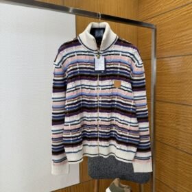 LV Color-Blocked Cable-Knit Zipper Cardigan
