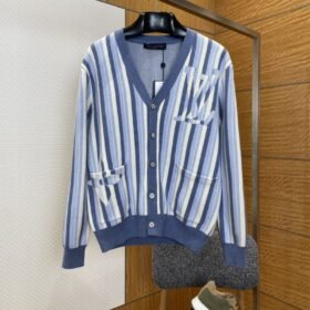 LV 2026 SpringSummer Collection New Blue and White Vertical Striped Cardigan