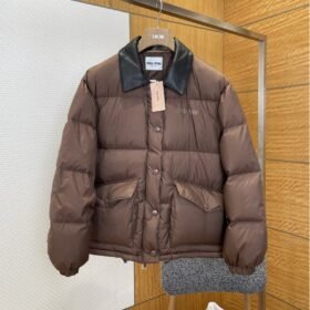 Miu Miu Logo Print Leather Collar Down Jacket 1