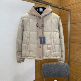 LV leather label color blocked hooded lightweight down jacket 1