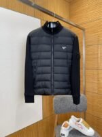Prada Sleeve Logo Knit Panel Stand Collar Down Jacket