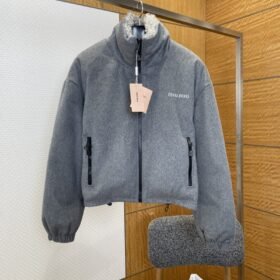 Miu Miu Embroidered Stand Collar Fleece-Lined Down Jacket