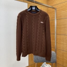 LV Leather Label Cable-Knit Crewneck Sweater
