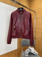 LV Gold-Embossed Zipper Stand-Up Collar Luxury Leather Jacket