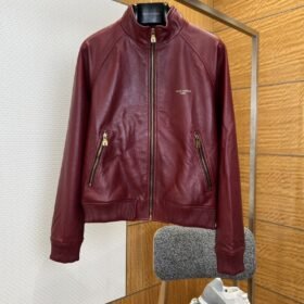 LV Gold-Embossed Zipper Stand-Up Collar Luxury Leather Jacket