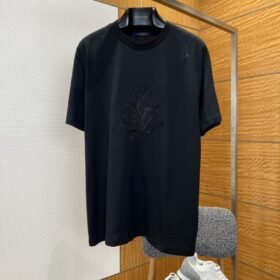 LV Floral Embroidered Ribbed-Collar Short-Sleeve T-Shirt