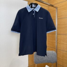 Miu Miu Logo Embroidered Checkered Patchwork Short-Sleeve Polo Shirt